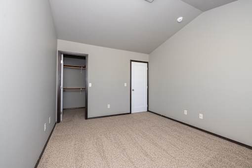 A room with a carpeted floor and a door leading to a closet.