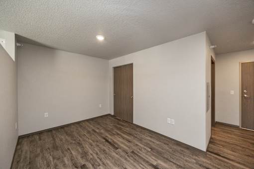 A room with wooden floors and two brown doors.