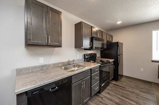 A kitchen with black appliances and cabinets.