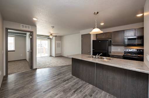 A kitchen with a black refrigerator and a sink.