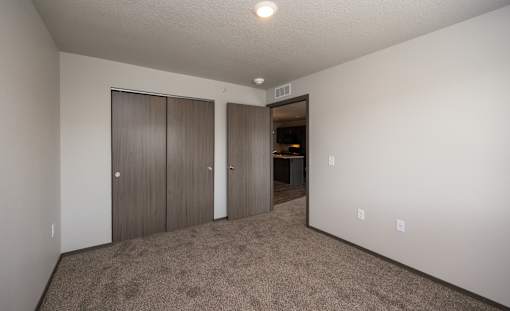 A room with carpeted floor and two closets.