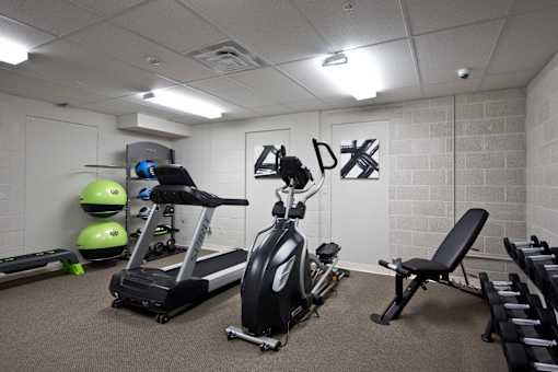 A gym with a treadmill, exercise bike, and weights.
