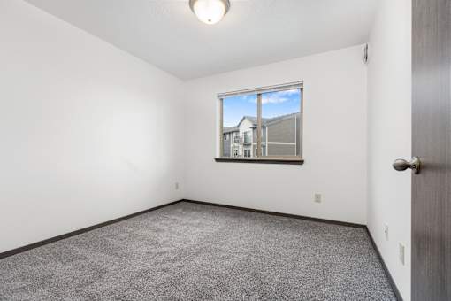 A room with a carpeted floor and a window showing a building outside.