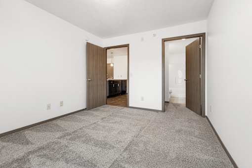 A carpeted room with a white wall and a brown door.