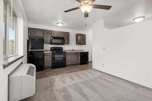 A kitchen with a black fridge, microwave, and oven.