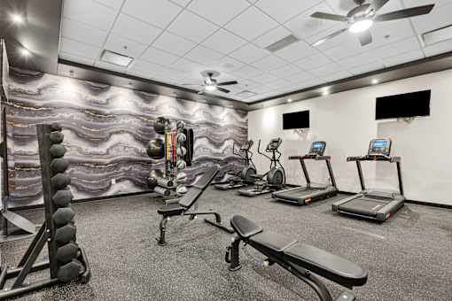 A gym with a variety of equipment including treadmills, a bench, and a weight rack.