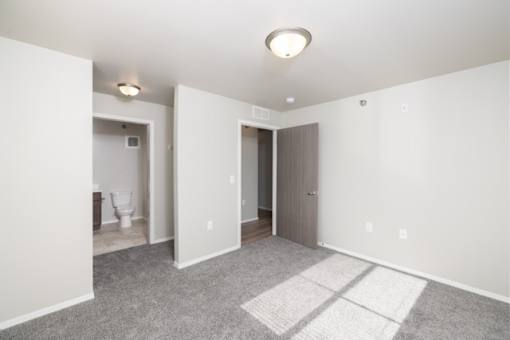 A room with a carpeted floor and a ceiling light.