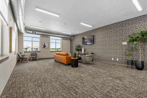 A spacious room with a grey carpet and a patterned wallpaper.