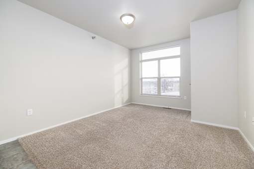 A room with a carpeted floor and a window.