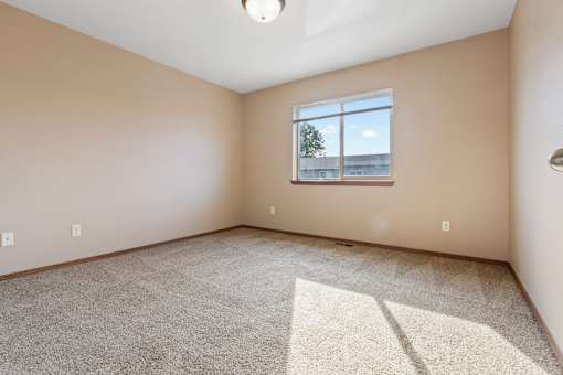 A room with a carpeted floor and a window showing a tree and a building outside.