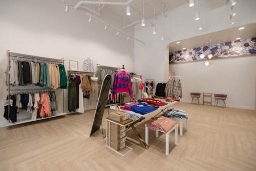 A clothing store with a variety of clothes on display.