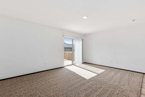 A room with a carpet and a door leading outside.