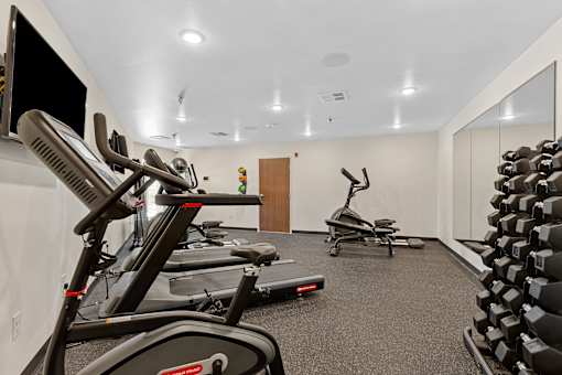 A gym with treadmills, exercise bikes, and dumbbells.