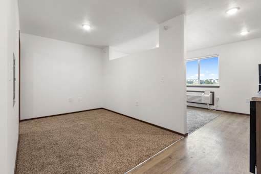 A large empty room with a carpeted floor and a window.