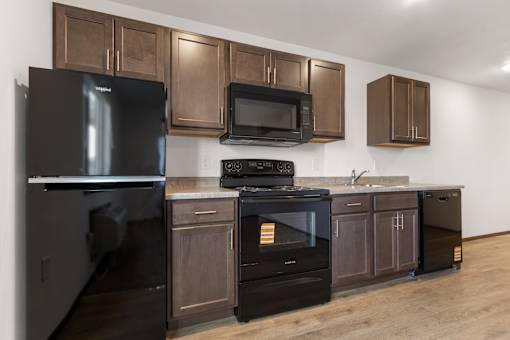 A black refrigerator and microwave are on a kitchen counter with brown cabinets.