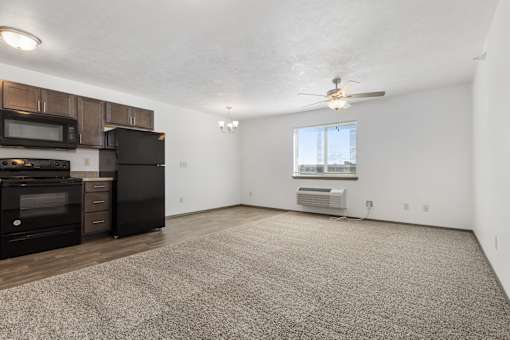 A spacious living room with a carpeted floor and a window.