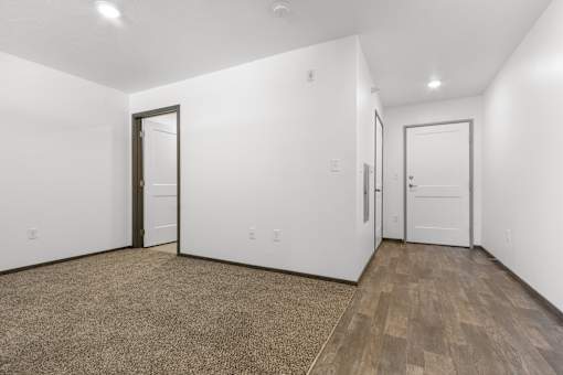A room with a carpeted floor and two doors.