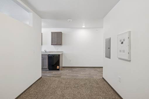 A room with a brown carpet and white walls.