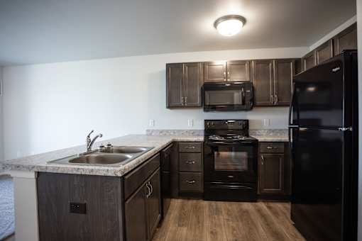 A kitchen with black appliances and wooden cabinets.