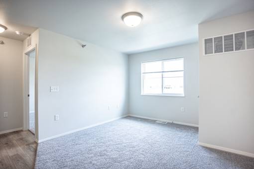 A room with a carpeted floor and a window.