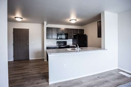 A kitchen with a black refrigerator and a countertop with a sink.