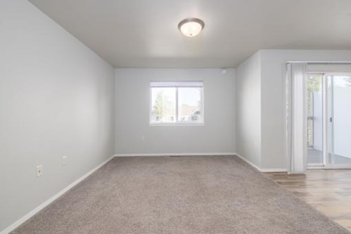 A room with a carpeted floor and a window.