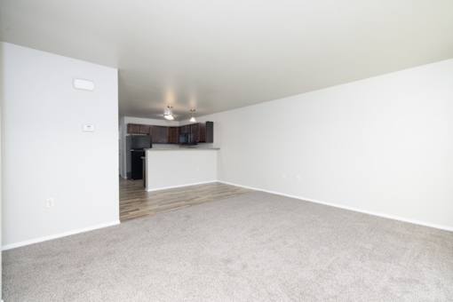 A spacious room with a carpeted floor and a ceiling fan.