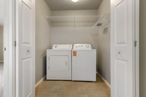 A small laundry room with a washer and dryer.