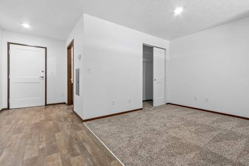 A room with white walls and a wooden floor with a rug.