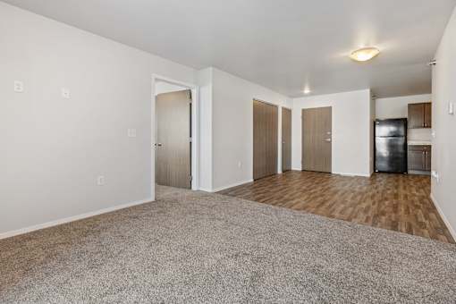 A spacious living room with a carpeted floor and a kitchen area in the background.