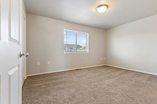 A room with a carpeted floor and a window showing a view of a building outside.