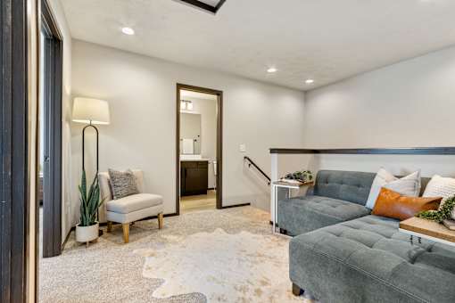A living room with a grey couch and a white rug.