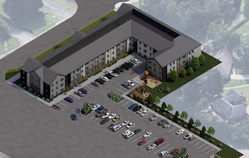 A 3D rendered image of a parking lot in front of a building.