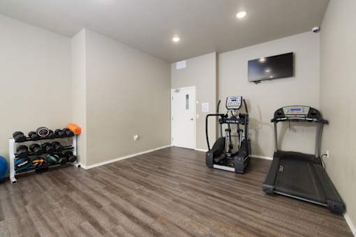 A room with a treadmill, a stationary bike, and a rack of exercise equipment.