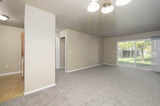 A spacious room with a carpeted floor and a ceiling light.
