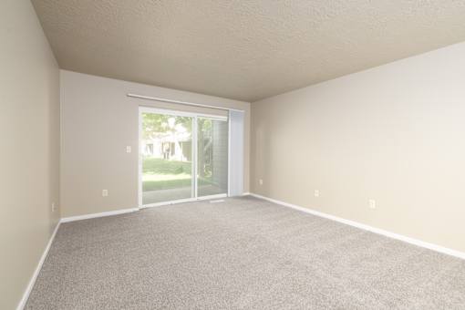A room with a carpeted floor and a sliding glass door leading outside.