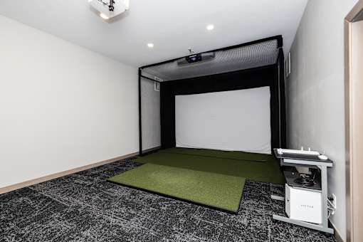 A room with a projector and a green carpet.