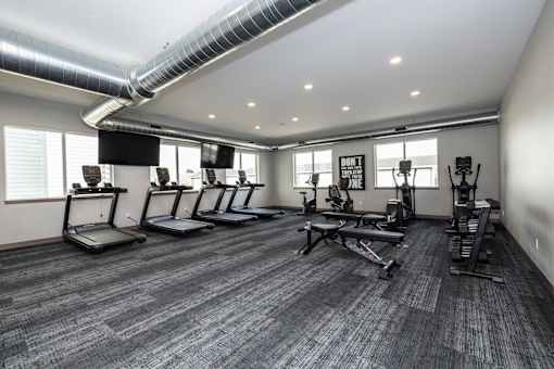 A gym with treadmills and exercise equipment.