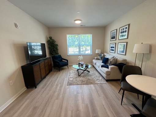 A living room with a couch, chair, and television.