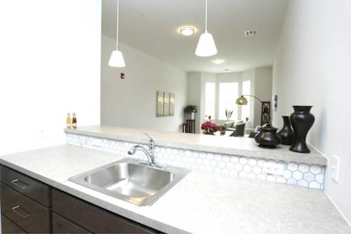 a kitchen with a sink and a counter top