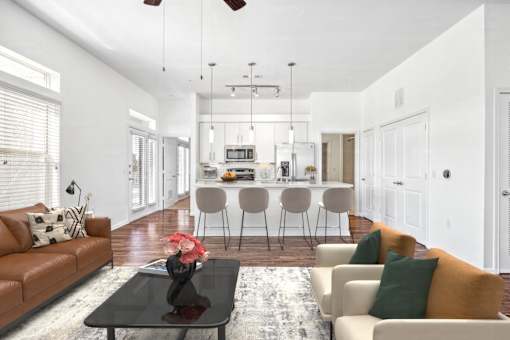 Open living room and kitchenat Radius on Grove, Austin, 78741