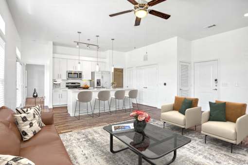 Living room and kitchenat Radius on Grove, TX, 78741