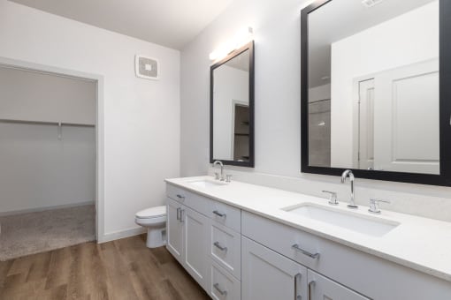 a bathroom with a sink and a mirror and a toilet at Birdie on Woodland Greens, Austin, 78726