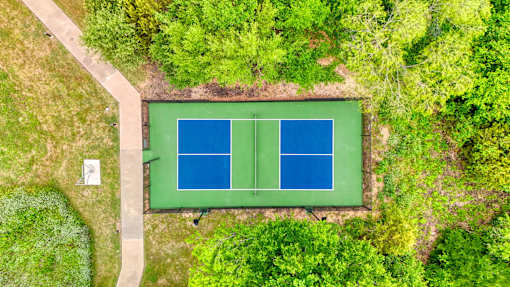 a tennis court on the grass with trees around it at Radius on Grove, Austin, TX