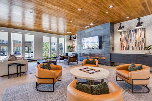 Modern living room with a wooden ceiling and a fireplace at Kessler, Fort Worth, TX, Texas, 76137