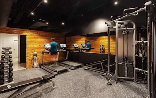 Fitness center with cardio and strength equipment at THE'68 Apartments, Texas, 78205
