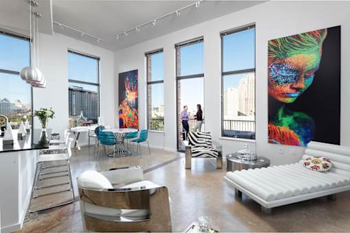 Bright loft with colorful artwork and contemporary furnishings at THE'68 Apartments, San Antonio, 78205