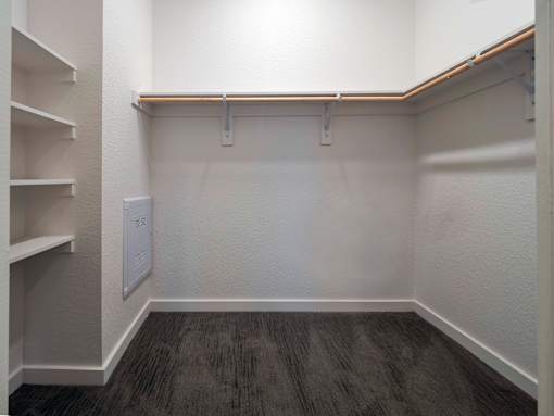 A white wall with a brown shelf and a white door.