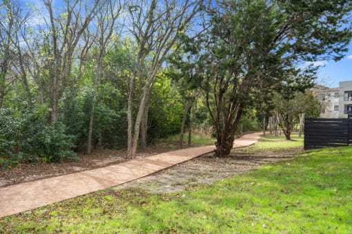 a path in a park with trees and a building in the background at Radius on Grove, Texas, 78741