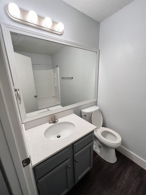 a bathroom with a sink toilet and a mirror at Northchase, Austin